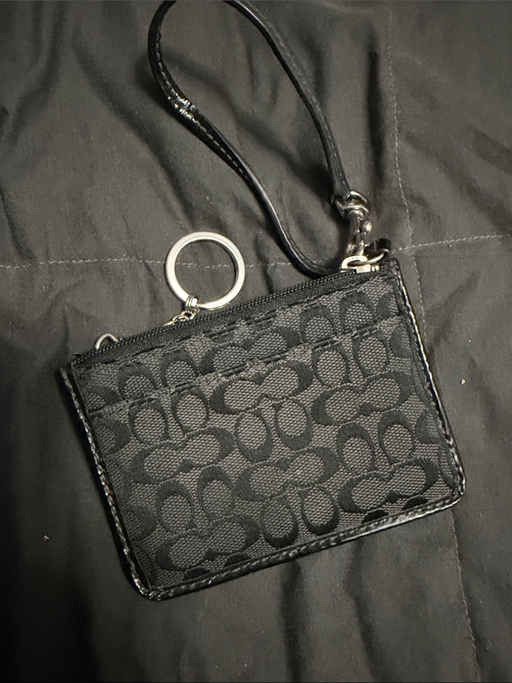 Coach Black Signature Jacquard Wristlet Card Case with Key Ring